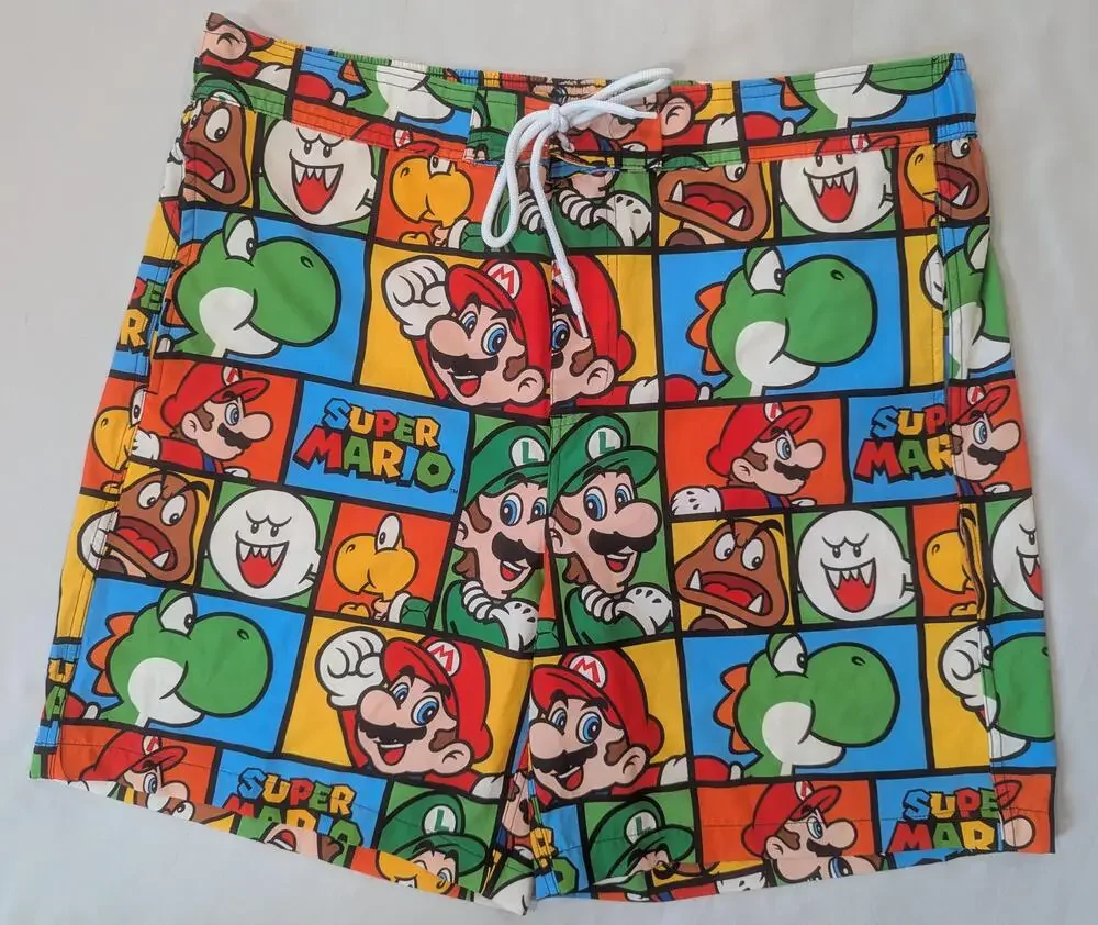 Super Mario Nintendo Swim Shorts Mens XL Multicolor Character Print Trunks